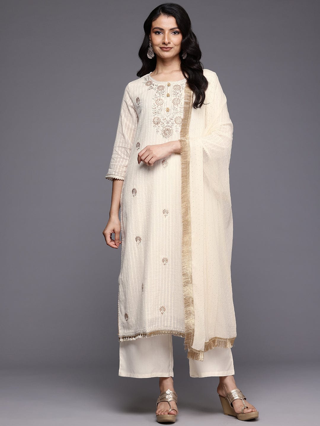 The Kurti Collection Women Off White Lurex Striped Zari Embroidered Sequins Embellished Kurta Set with Dupatta