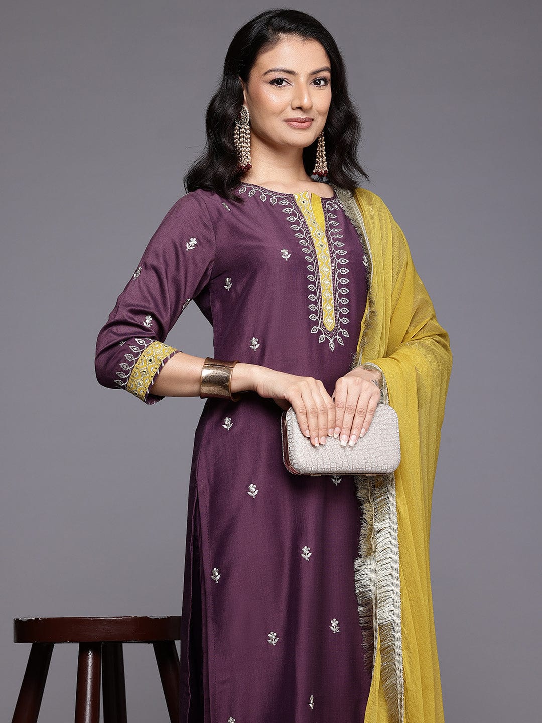 The Kurti Collection Women Purple Zari Embroidered Contrast Yoke Kurta with Bottom and Contrast Dupatta