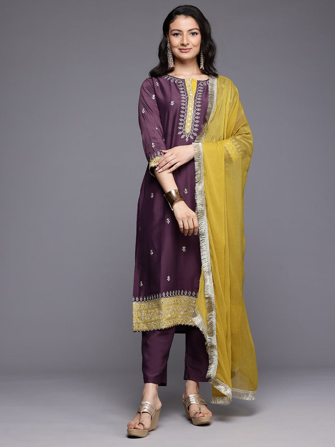 The Kurti Collection Women Purple Zari Embroidered Contrast Yoke Kurta with Bottom and Contrast Dupatta