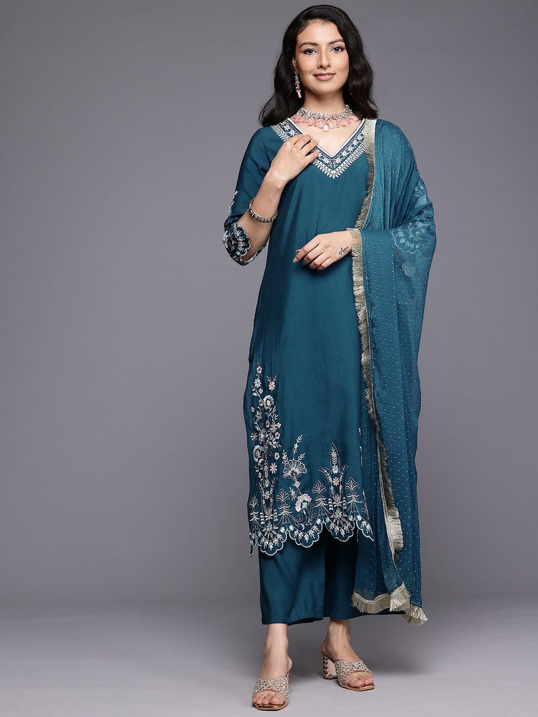 The Kurti Collection Women Navy Blue Thread And Zari Embriodered , Scalloped Hem Sleeve , Straight Kurta Set With Dupatta