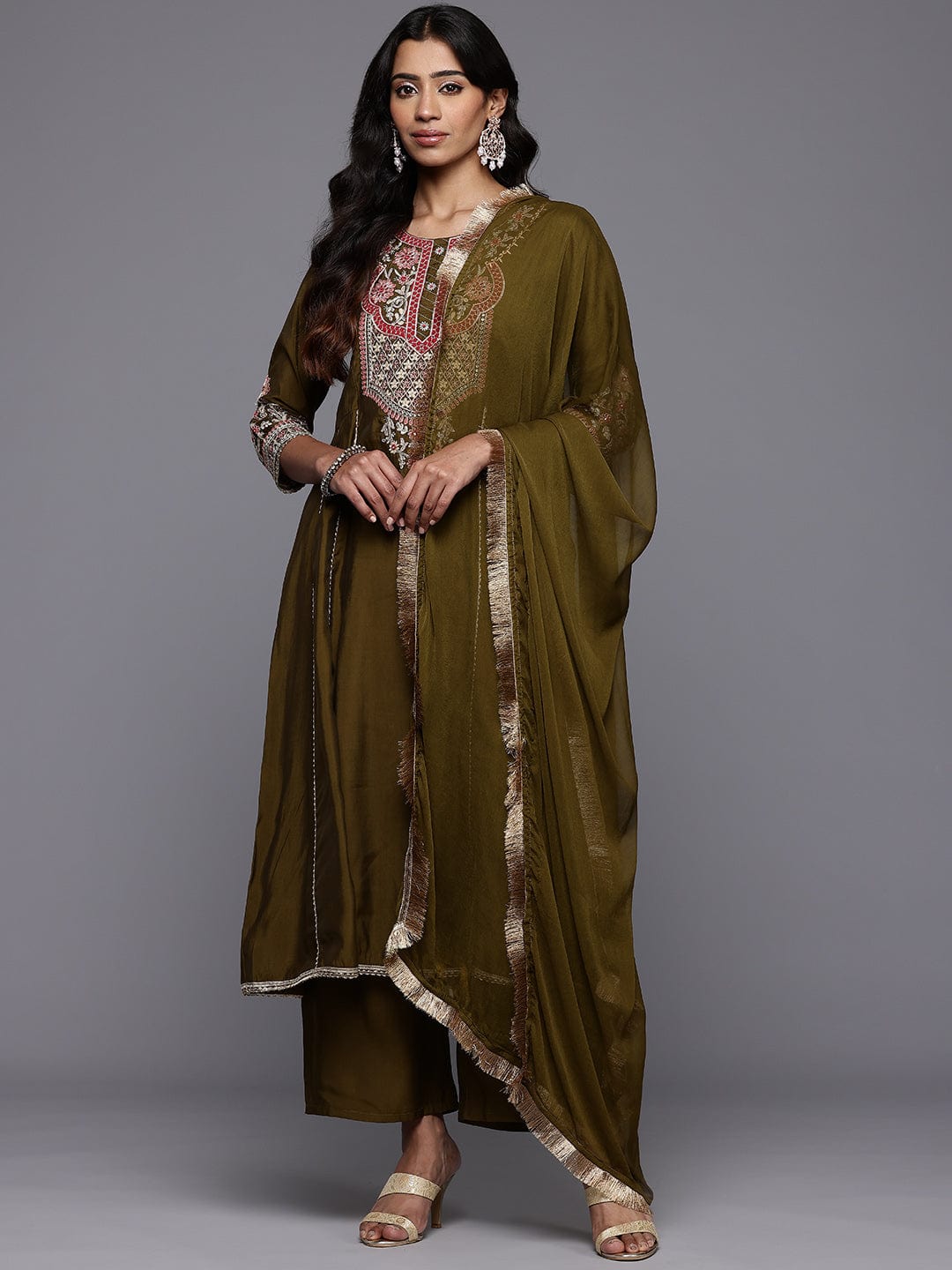 The Kurti Collection Women Olive Green Zari Embroidered Anarkali Kurta with Straight Pants and Fringed Dupatta.