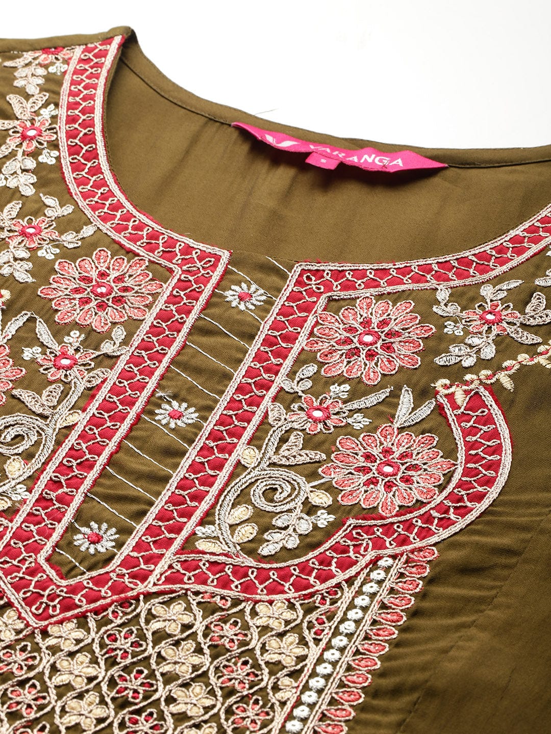 The Kurti Collection Women Olive Green Zari Embroidered Anarkali Kurta with Straight Pants and Fringed Dupatta.