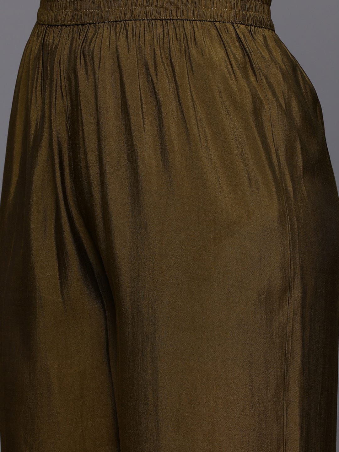 The Kurti Collection Women Olive Green Zari Embroidered Anarkali Kurta with Straight Pants and Fringed Dupatta.