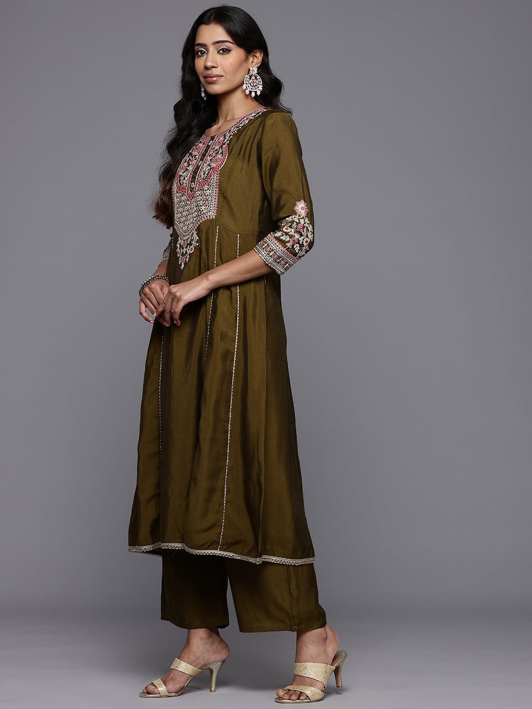 The Kurti Collection Women Olive Green Zari Embroidered Anarkali Kurta with Straight Pants and Fringed Dupatta.