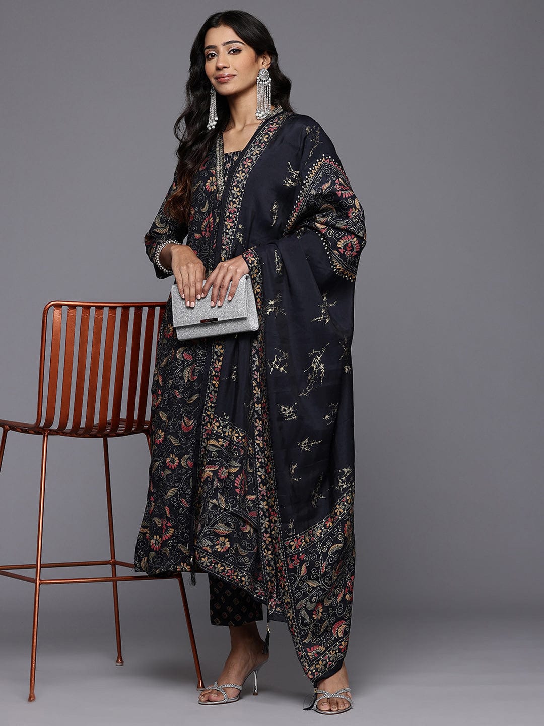 The Kurti Collection Women Black Floral Printed Embroidered Kurta Paired with Bottom and Dupatta