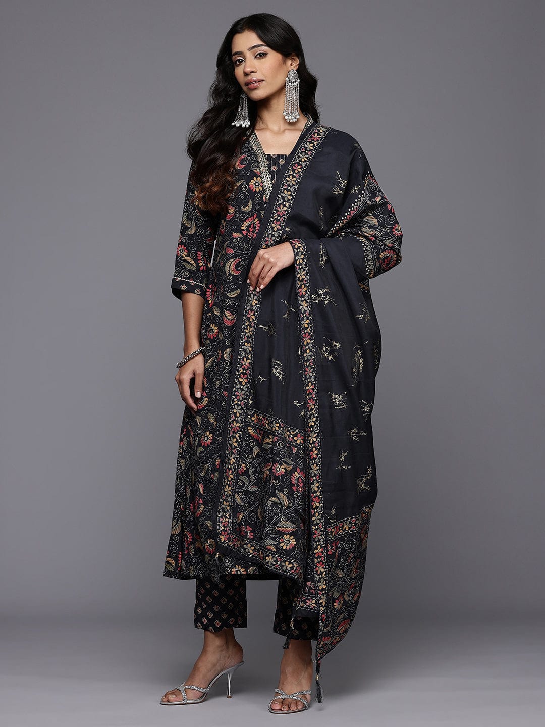The Kurti Collection Women Black Floral Printed Embroidered Kurta Paired with Bottom and Dupatta