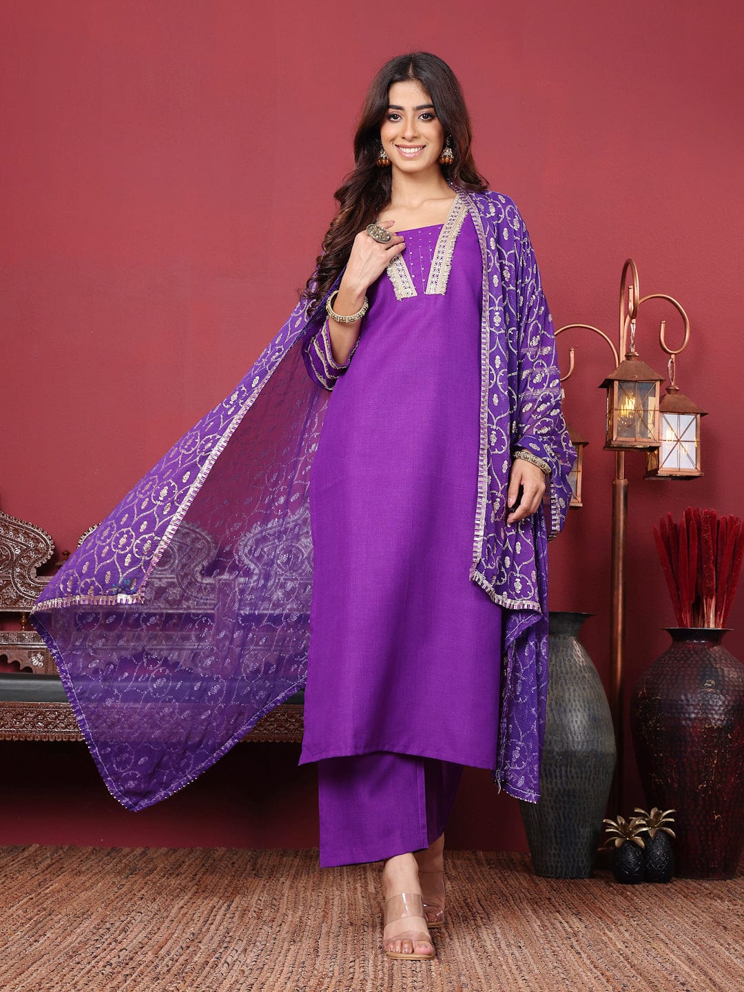 The Kurti Collection Women Lace Detailed Three Quarter Sleeve Kurta with Tonal Bottom and Dupatta
