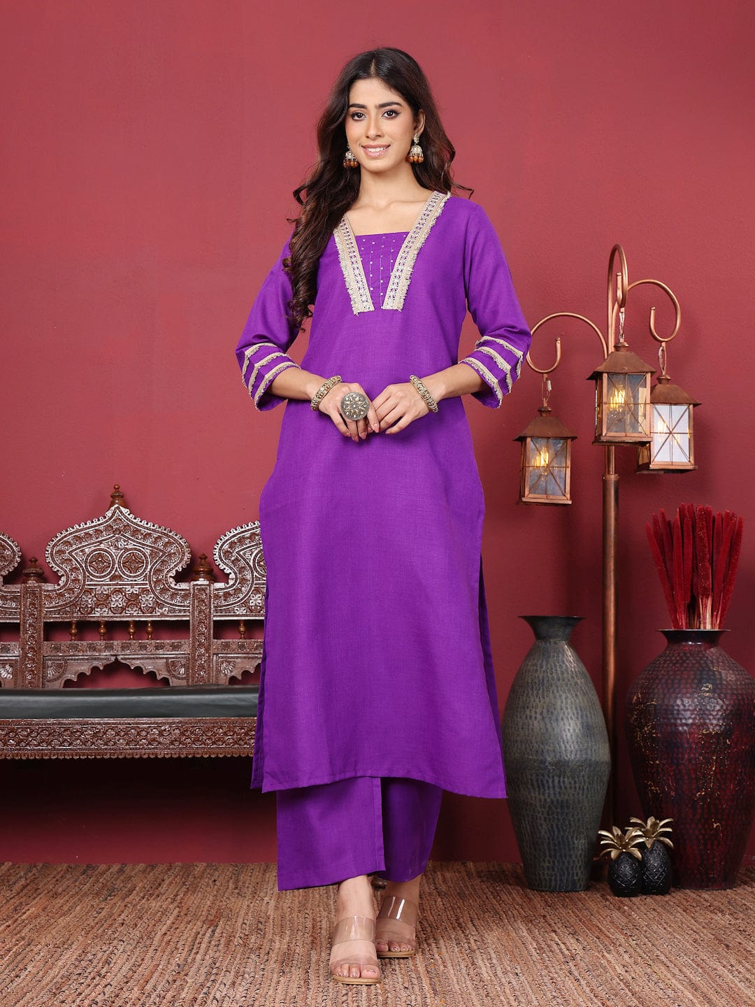 The Kurti Collection Women Lace Detailed Three Quarter Sleeve Kurta with Tonal Bottom and Dupatta