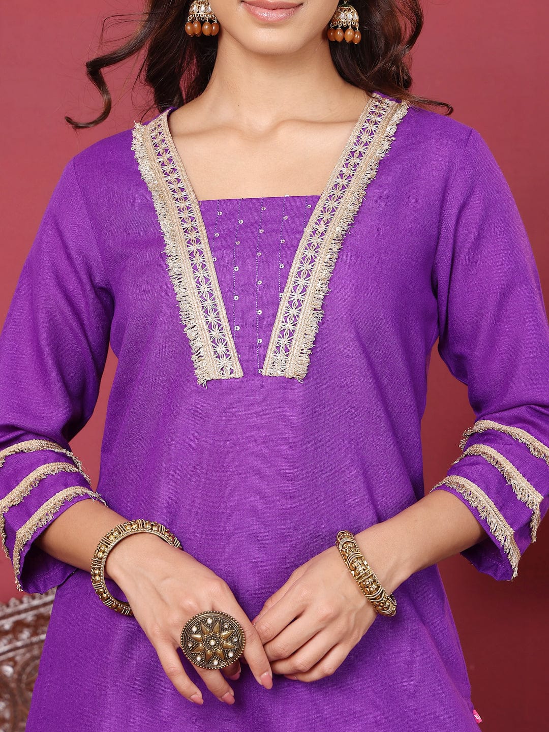 The Kurti Collection Women Lace Detailed Three Quarter Sleeve Kurta with Tonal Bottom and Dupatta