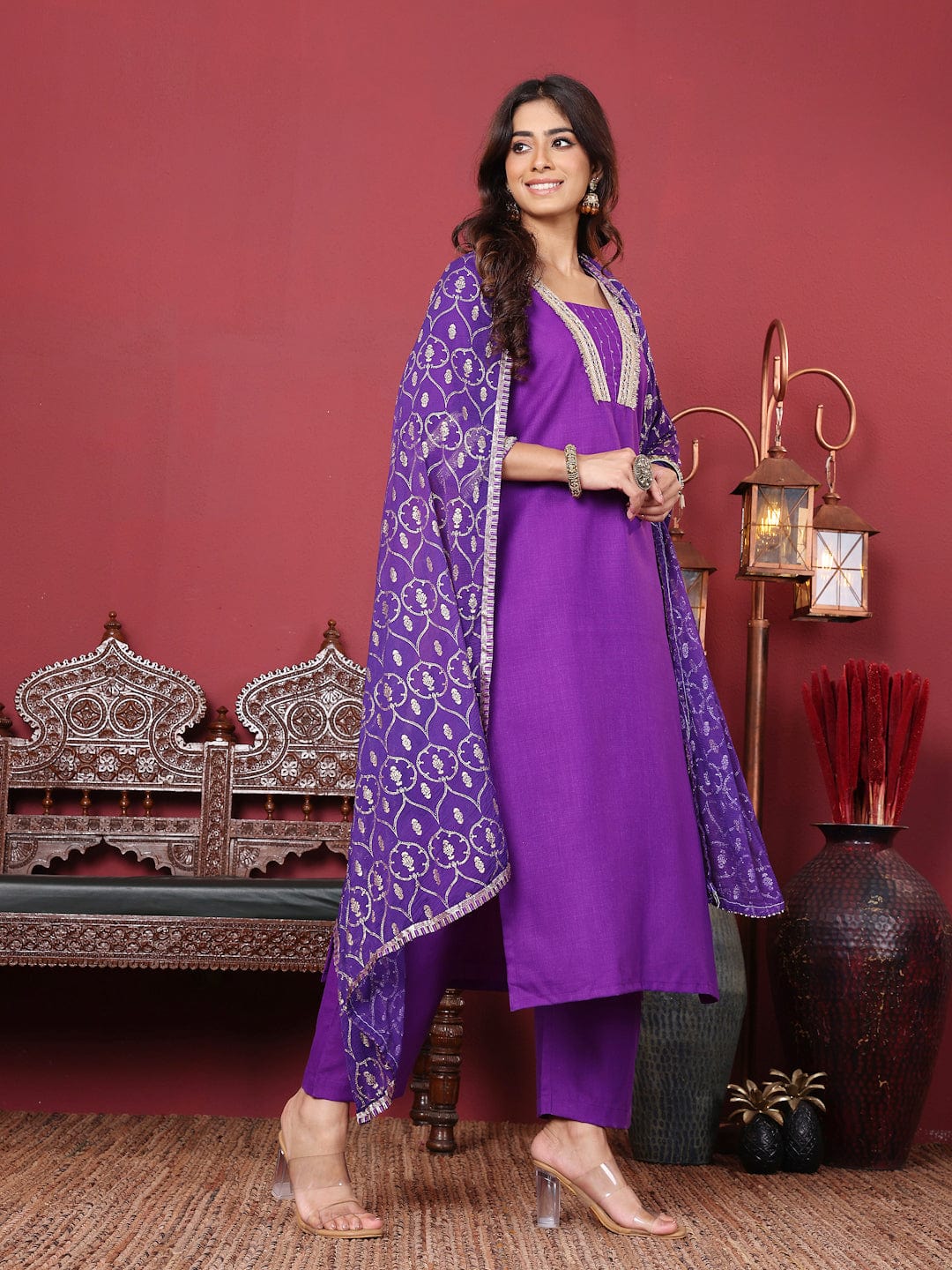 The Kurti Collection Women Lace Detailed Three Quarter Sleeve Kurta with Tonal Bottom and Dupatta
