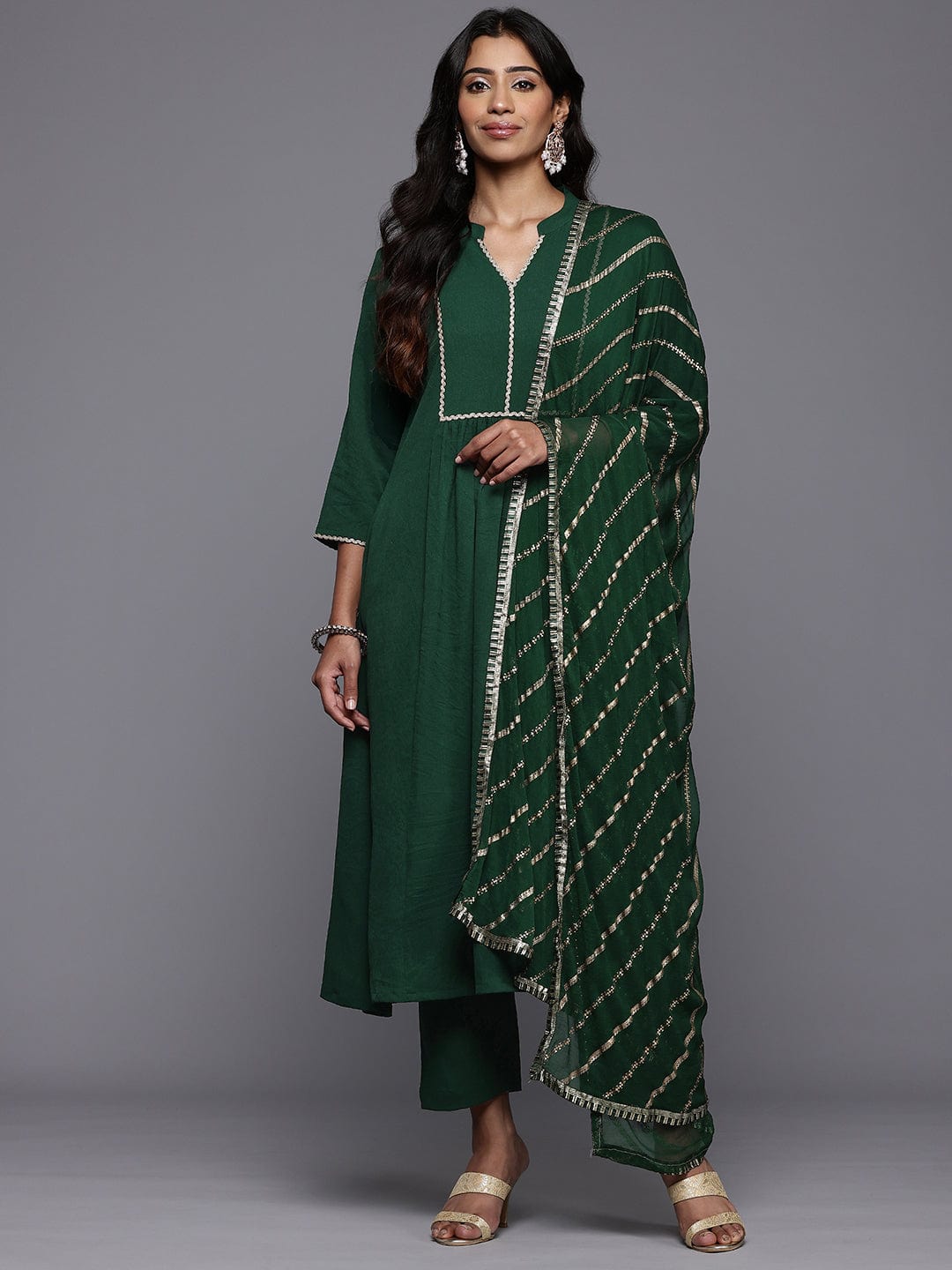 The Kurti Collection Women Lace Detailed Anarkali Three Quarter Sleeve with Tonal Bottom and Dupatta.