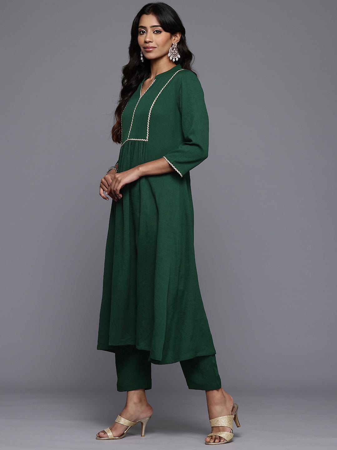 The Kurti Collection Women Lace Detailed Anarkali Three Quarter Sleeve with Tonal Bottom and Dupatta.