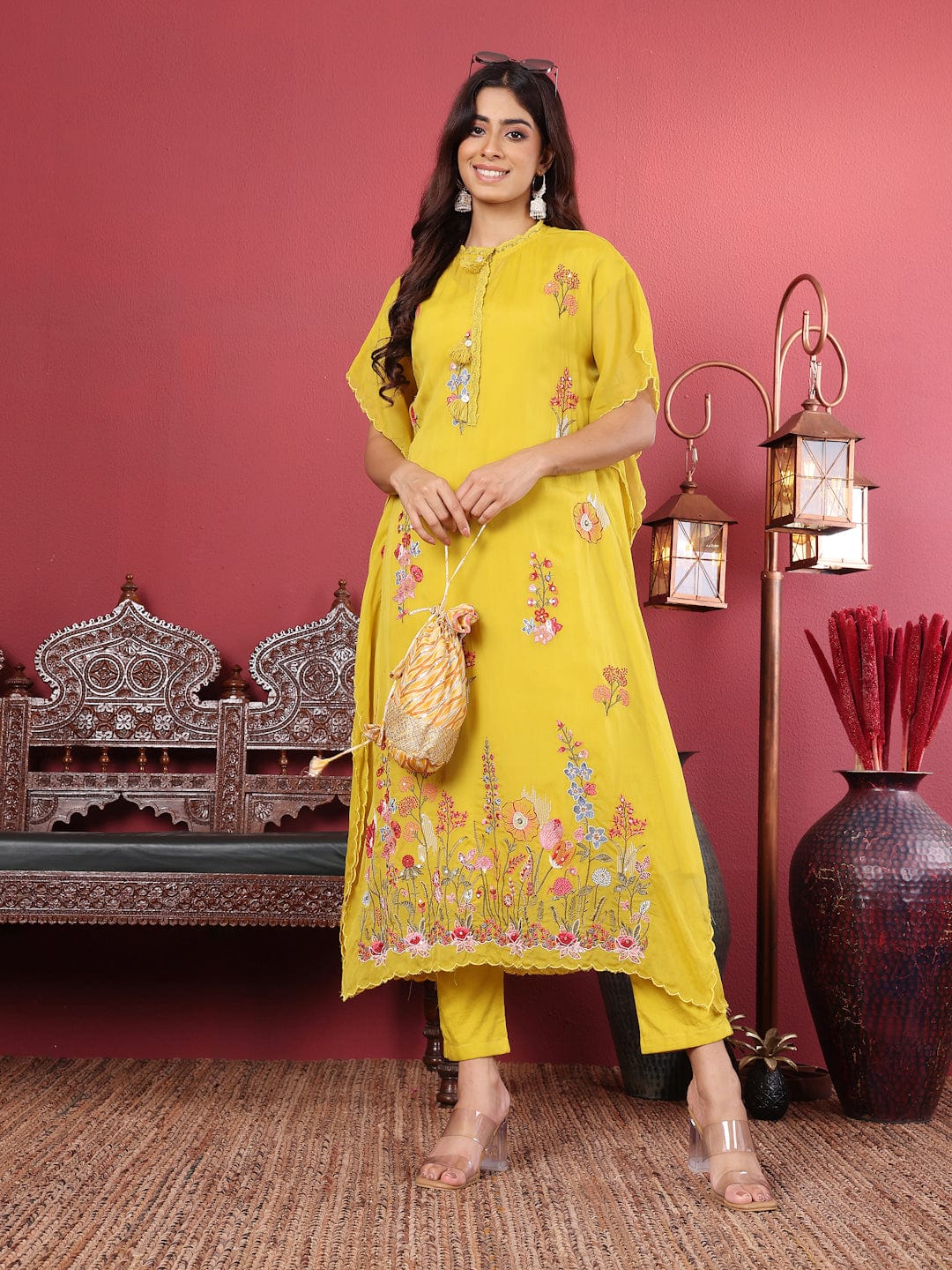 The Kurti Collection Women Floral Thread Embroidered Silk Kaftan with Tonal Bottom