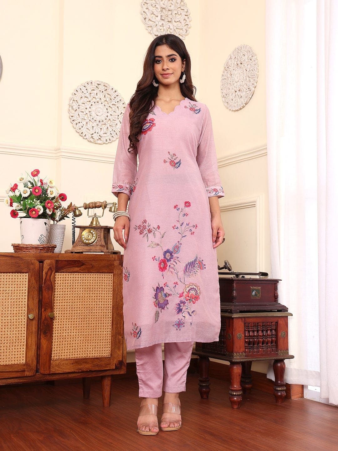 The Kurti Collection Women Pure Kantha Hand Embroidered Kurta Set with Dupatta