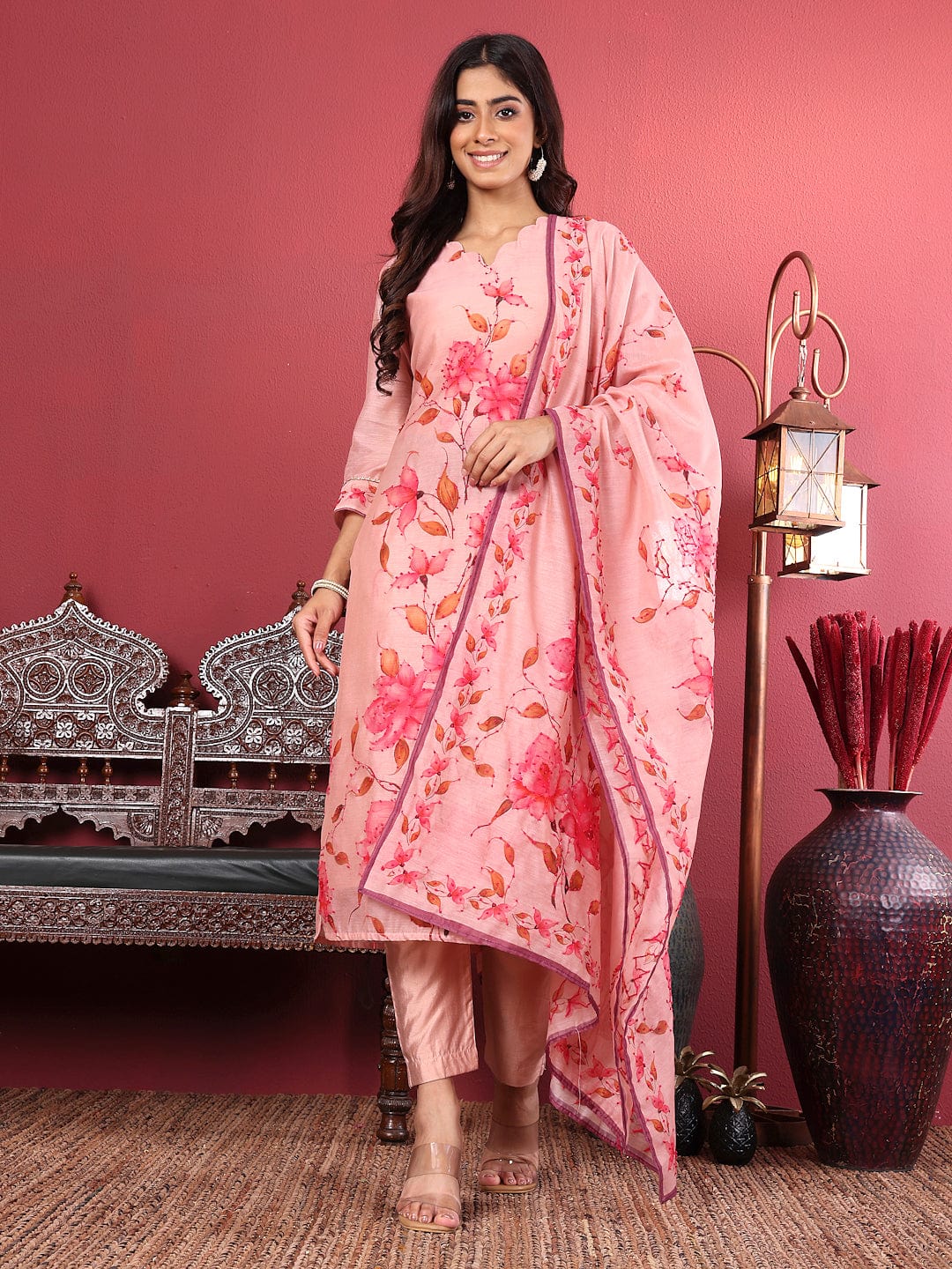 The Kurti Collection Women Silk Kantha Hand Embroidered Kurta Set with Embroidered Dupatta