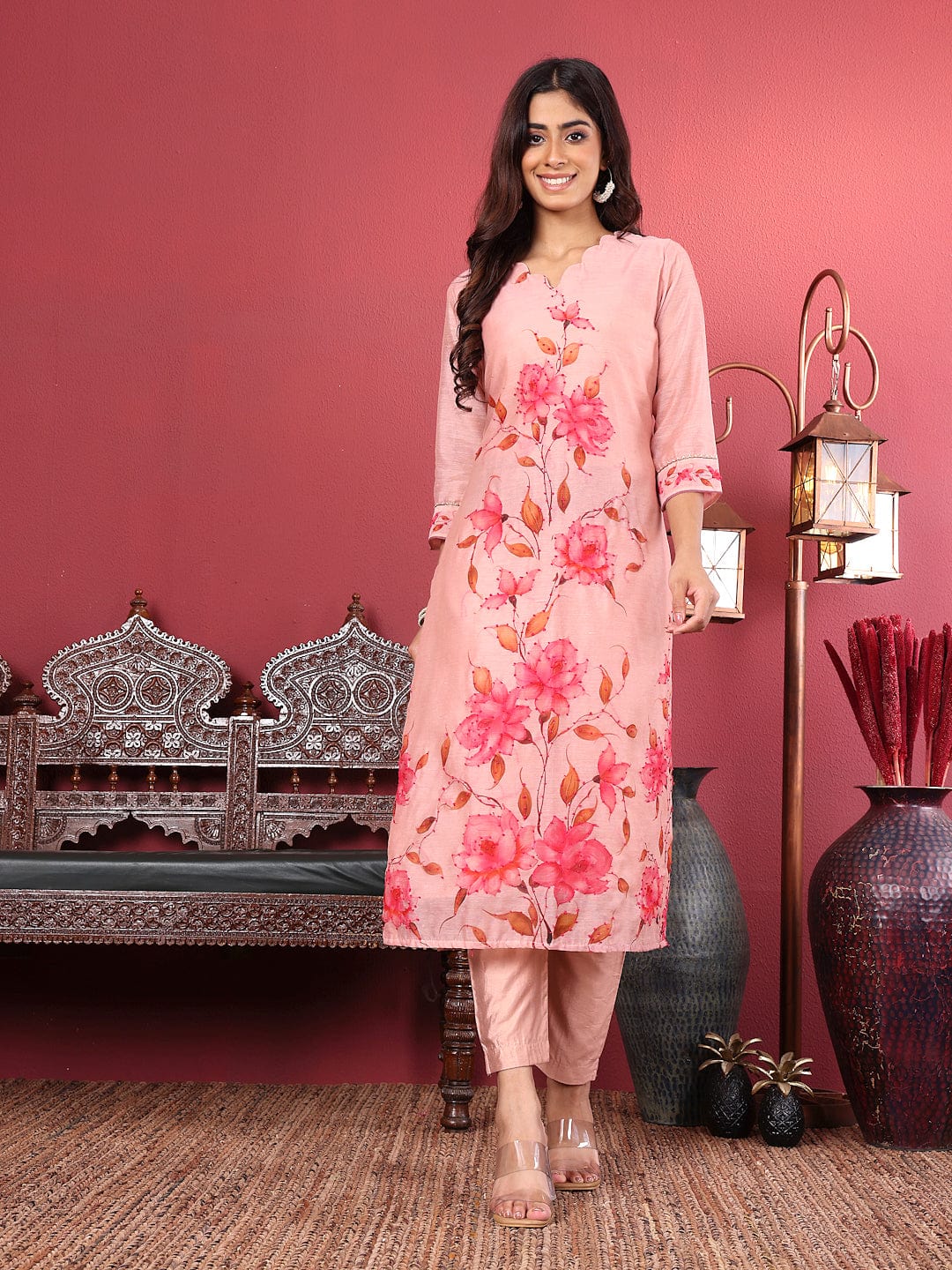 The Kurti Collection Women Silk Kantha Hand Embroidered Kurta Set with Embroidered Dupatta