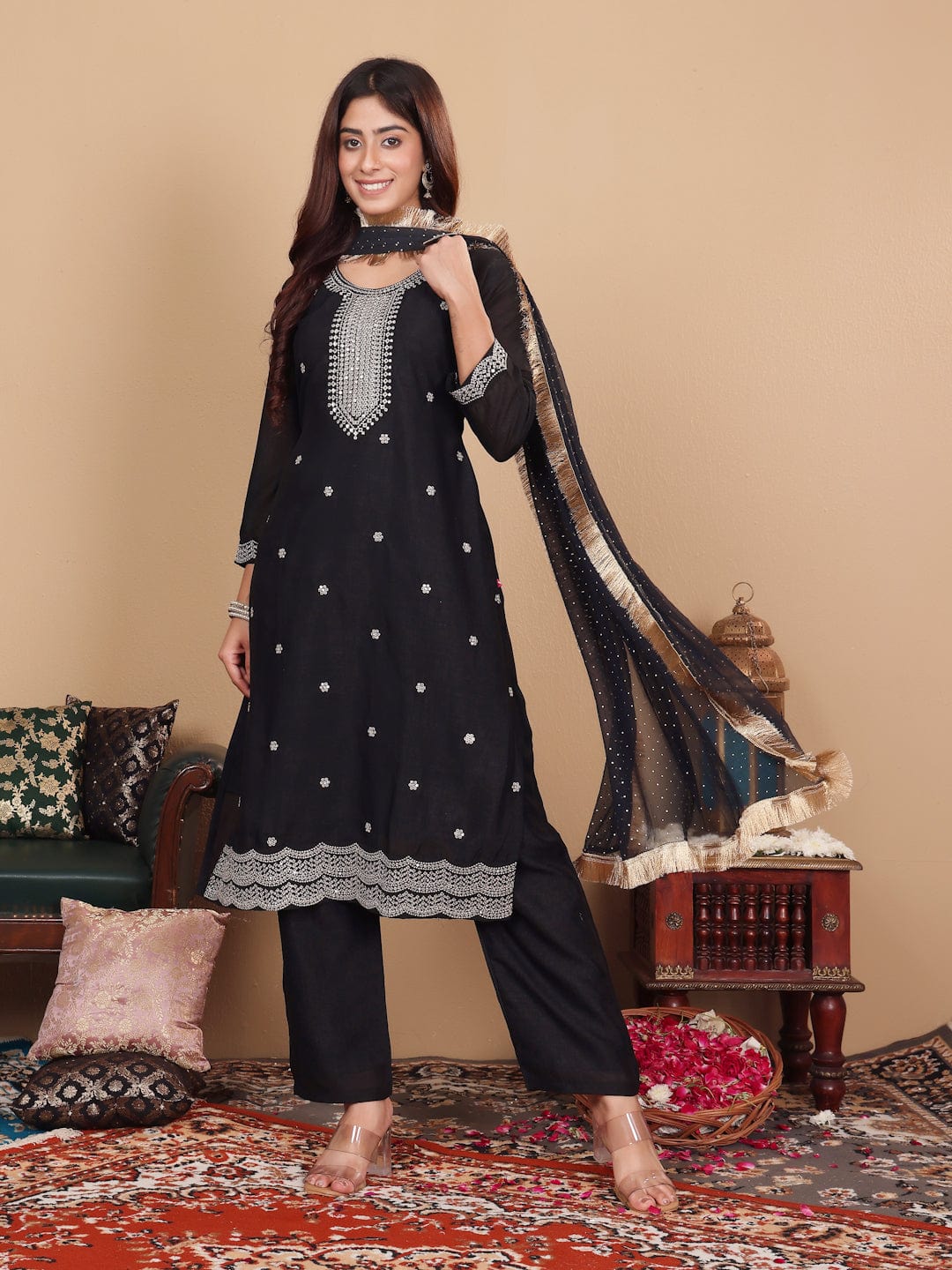 The Kurti Collection Women Black Silk Zari And Sequins Embroidered Kurta Set With Dupatta