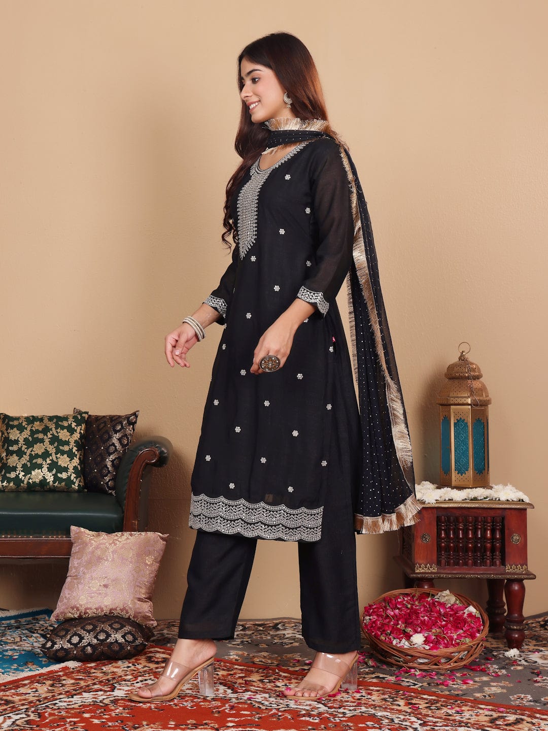 The Kurti Collection Women Black Silk Zari And Sequins Embroidered Kurta Set With Dupatta