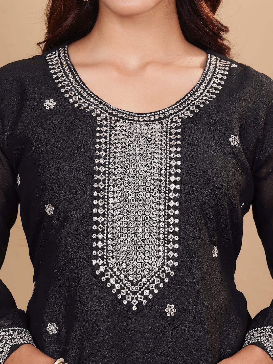 The Kurti Collection Women Black Silk Zari And Sequins Embroidered Kurta Set With Dupatta
