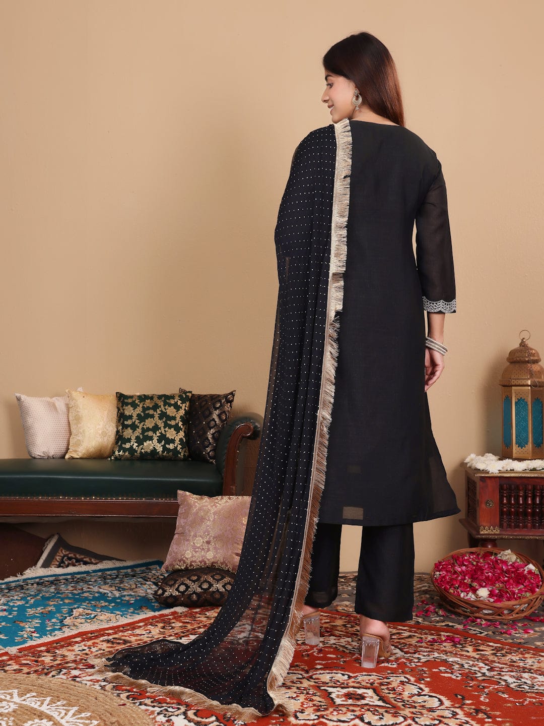 The Kurti Collection Women Black Silk Zari And Sequins Embroidered Kurta Set With Dupatta