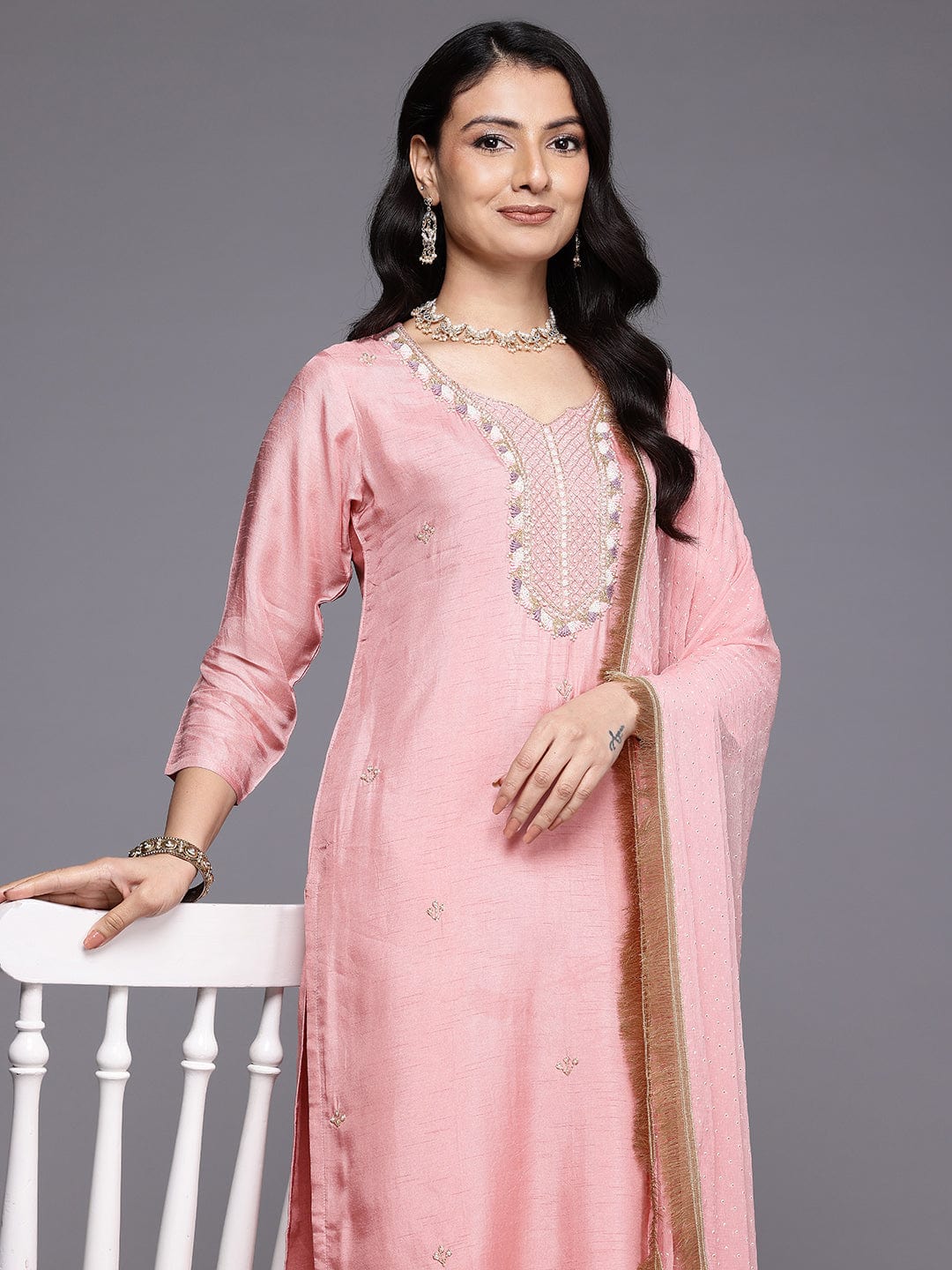 The Kurti Collection Women Pure Pink Silk Thread Embroidered Stone And Beads Embellished Kurta Set With Dupatta