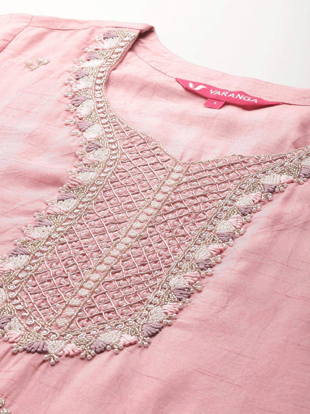 The Kurti Collection Women Pure Pink Silk Thread Embroidered Stone And Beads Embellished Kurta Set With Dupatta