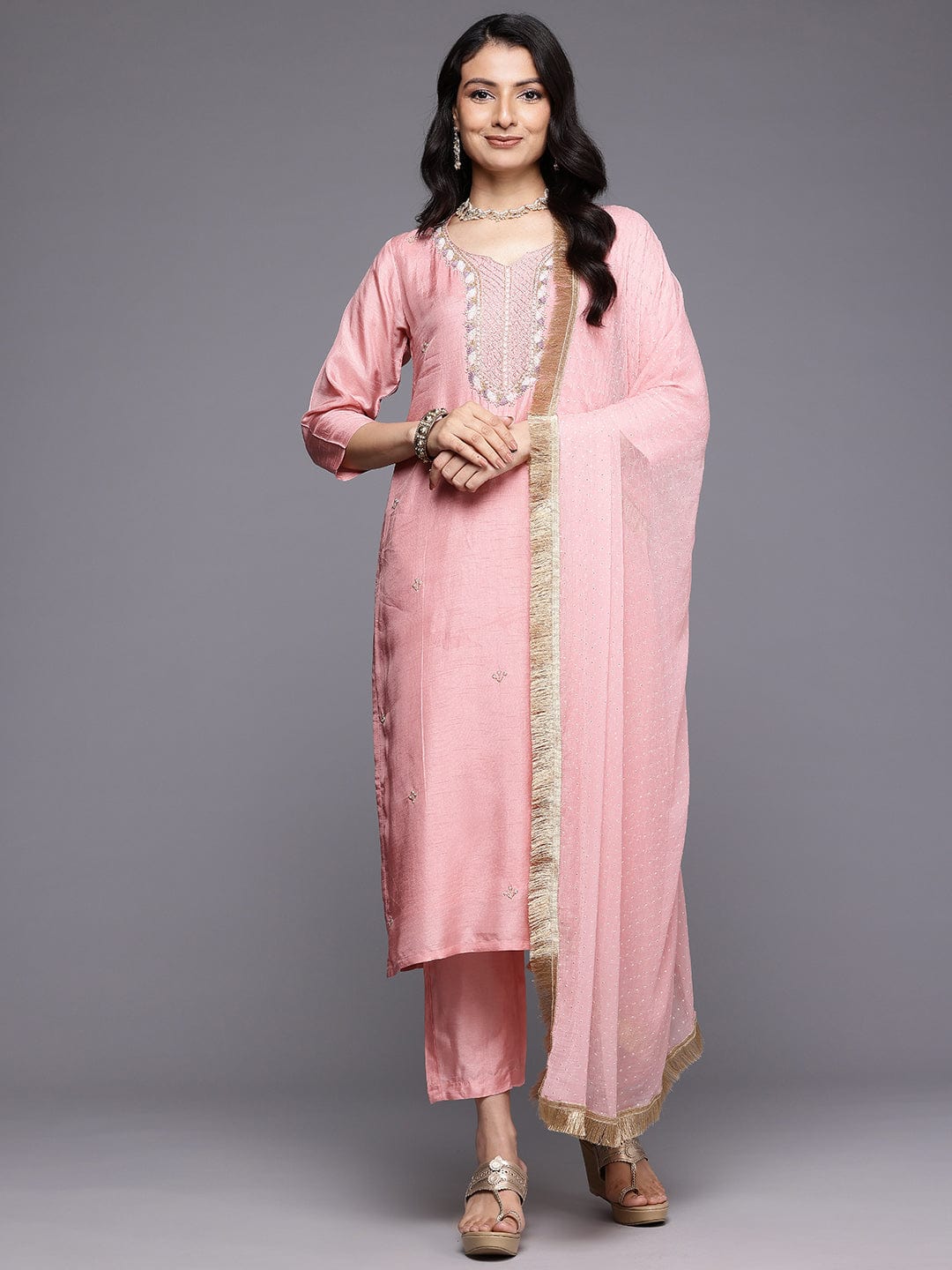 The Kurti Collection Women Pure Pink Silk Thread Embroidered Stone And Beads Embellished Kurta Set With Dupatta