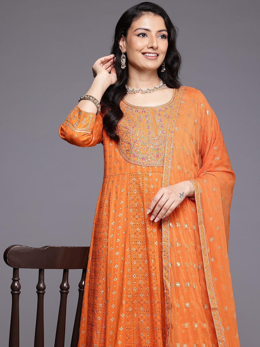 The Kurti Collection Women Orange Mirror and Thread Embroidered, Zari Embellished Scalloped Schiffli Anarkali Kurta Paired With Printed Bottom and Embroidered Dupatta