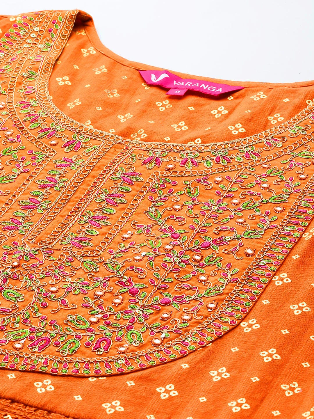 The Kurti Collection Women Orange Mirror and Thread Embroidered, Zari Embellished Scalloped Schiffli Anarkali Kurta Paired With Printed Bottom and Embroidered Dupatta