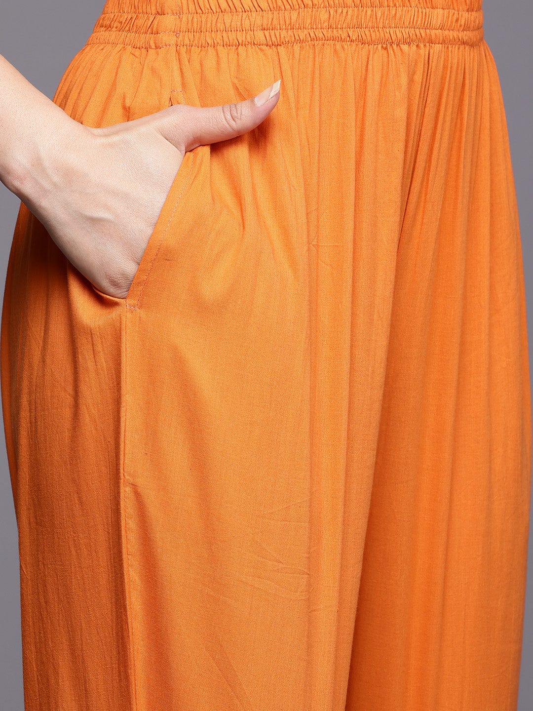 The Kurti Collection Women Orange Mirror and Thread Embroidered, Zari Embellished Scalloped Schiffli Anarkali Kurta Paired With Printed Bottom and Embroidered Dupatta