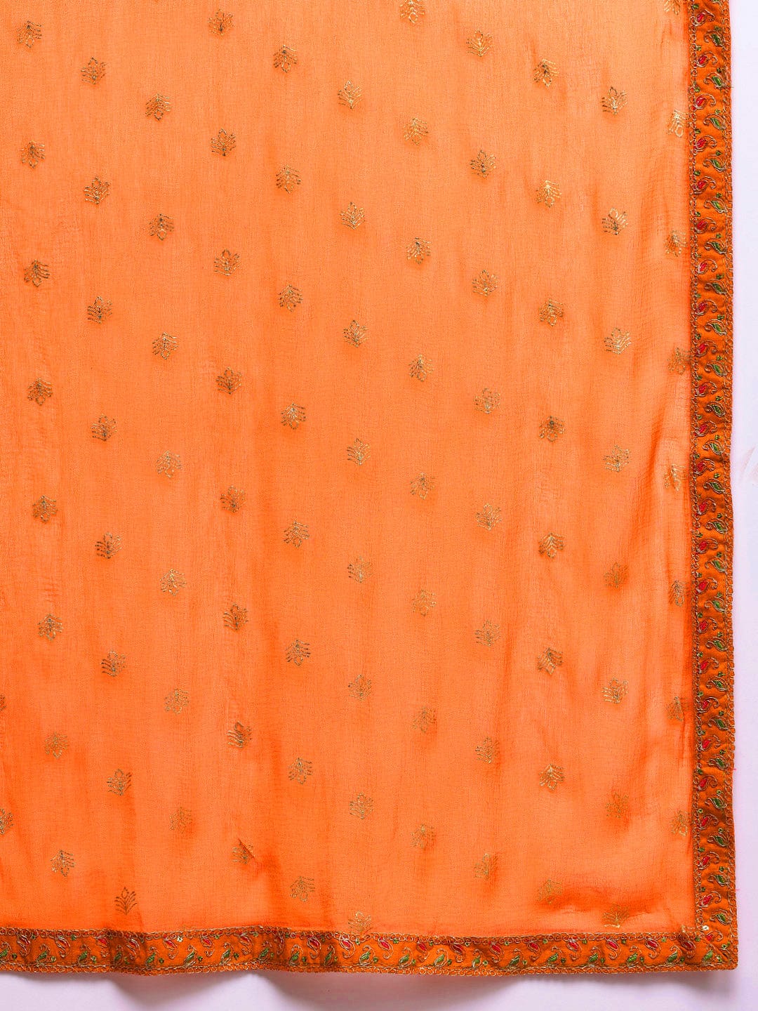 The Kurti Collection Women Orange Mirror and Thread Embroidered, Zari Embellished Scalloped Schiffli Anarkali Kurta Paired With Printed Bottom and Embroidered Dupatta