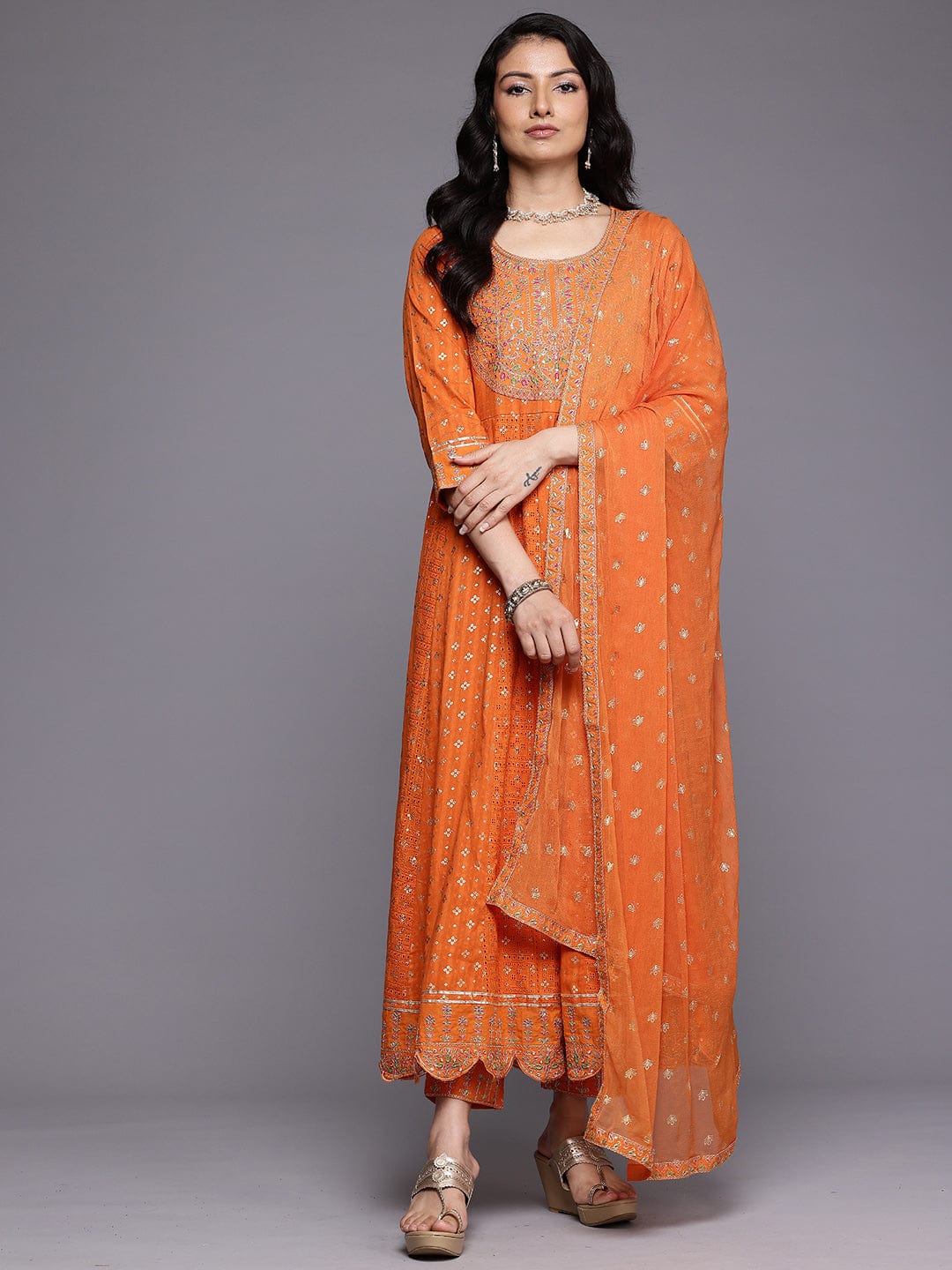 The Kurti Collection Women Orange Mirror and Thread Embroidered, Zari Embellished Scalloped Schiffli Anarkali Kurta Paired With Printed Bottom and Embroidered Dupatta