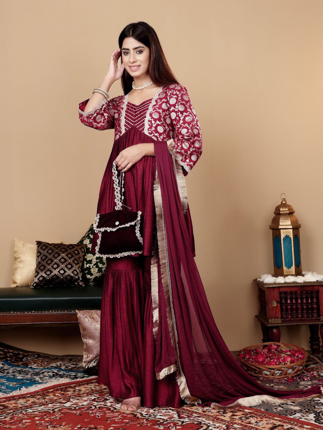 The Kurti Collection Women Magenta Brocade Peplum Kurti With Sharara And Dupatta