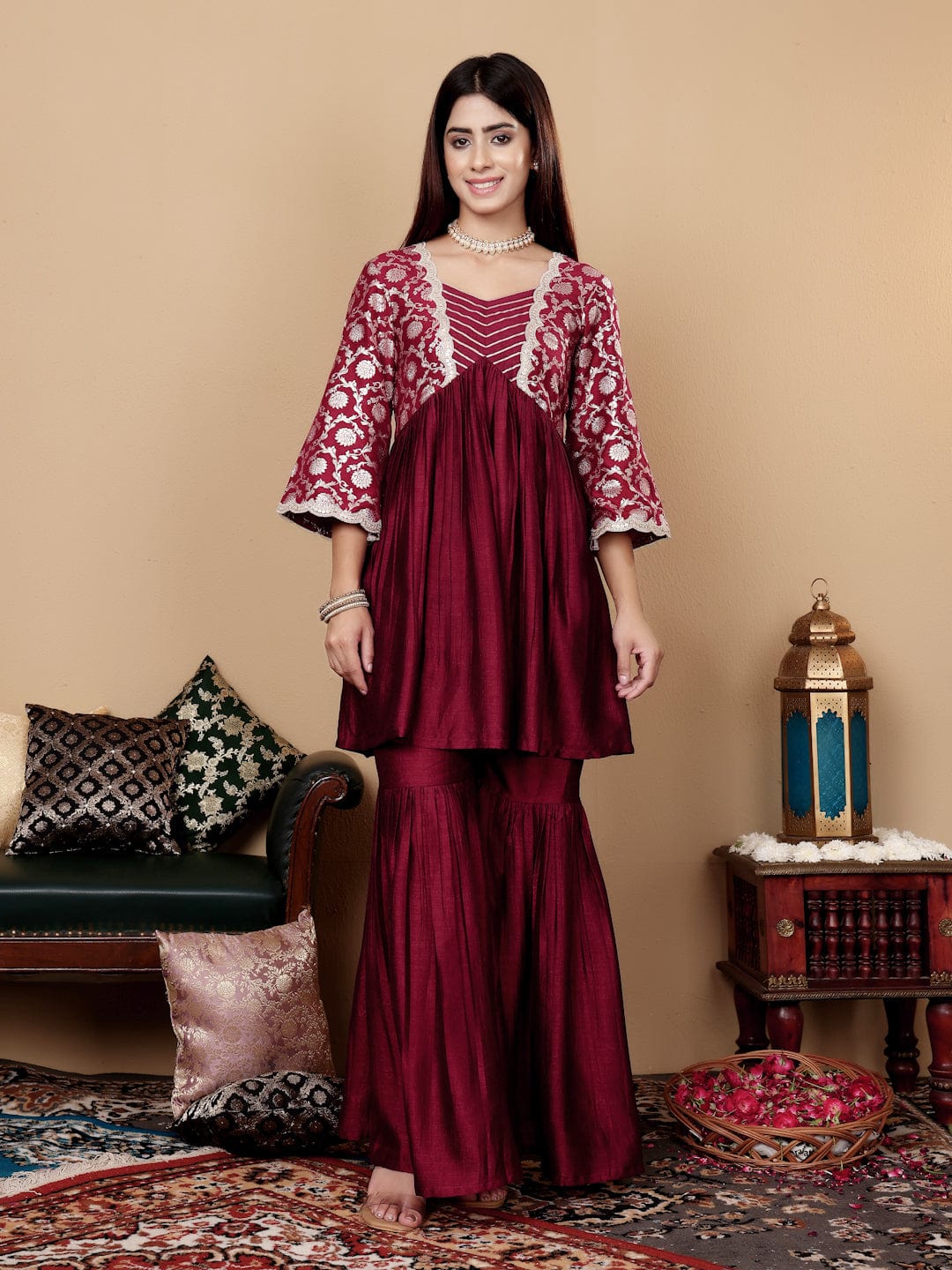 The Kurti Collection Women Magenta Brocade Peplum Kurti With Sharara And Dupatta