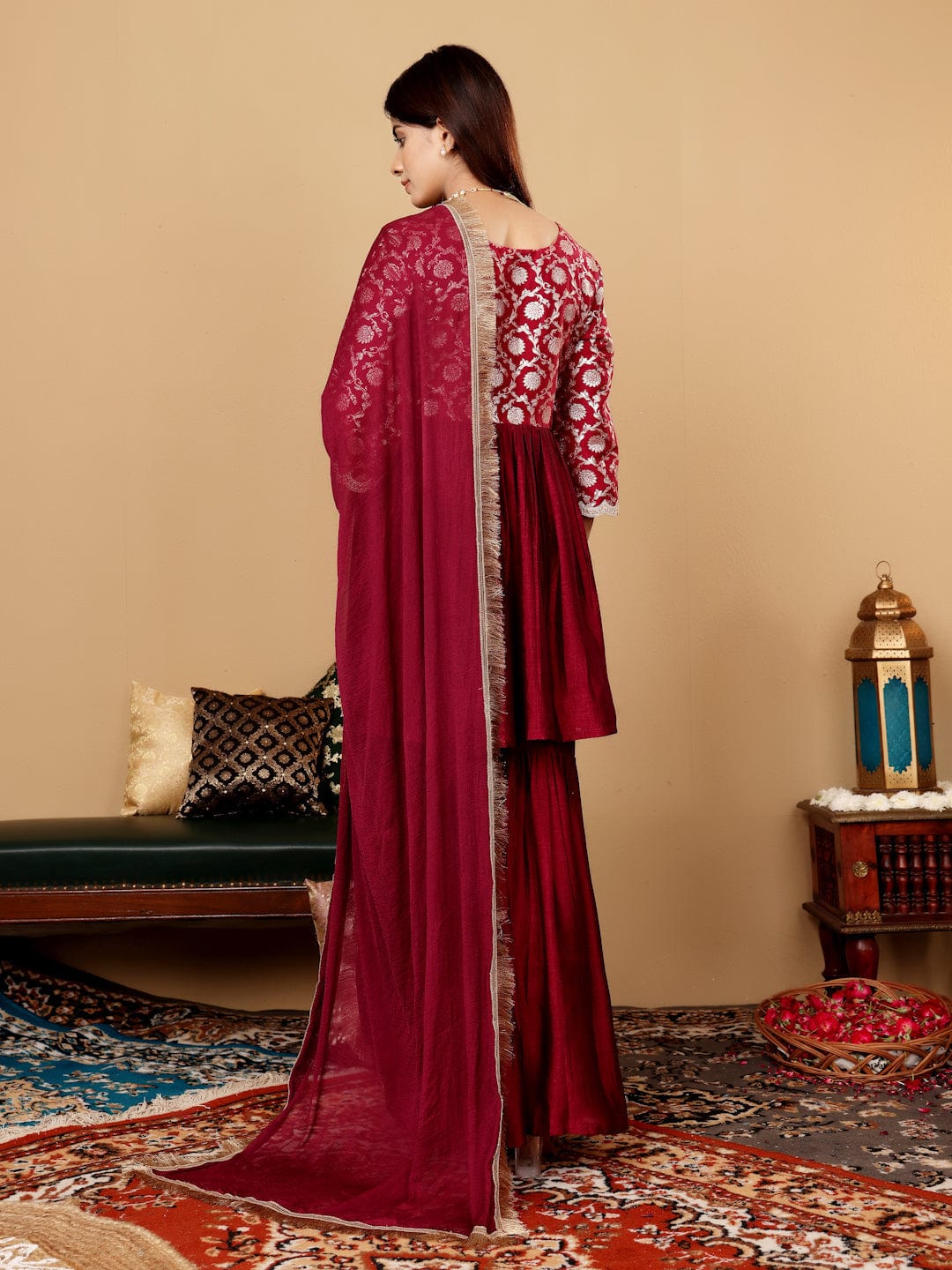 The Kurti Collection Women Magenta Brocade Peplum Kurti With Sharara And Dupatta