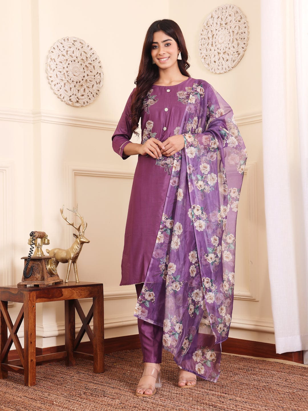 The Kurti Collection Women Lavender Silk Floral Printed Stones Embellished Kurta Set With Dupatta