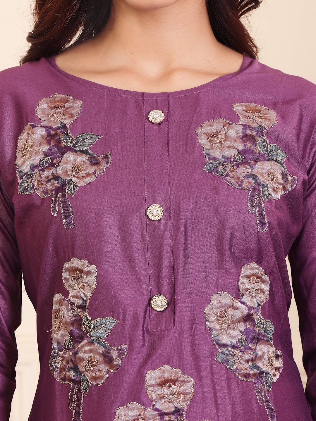 The Kurti Collection Women Lavender Silk Floral Printed Stones Embellished Kurta Set With Dupatta