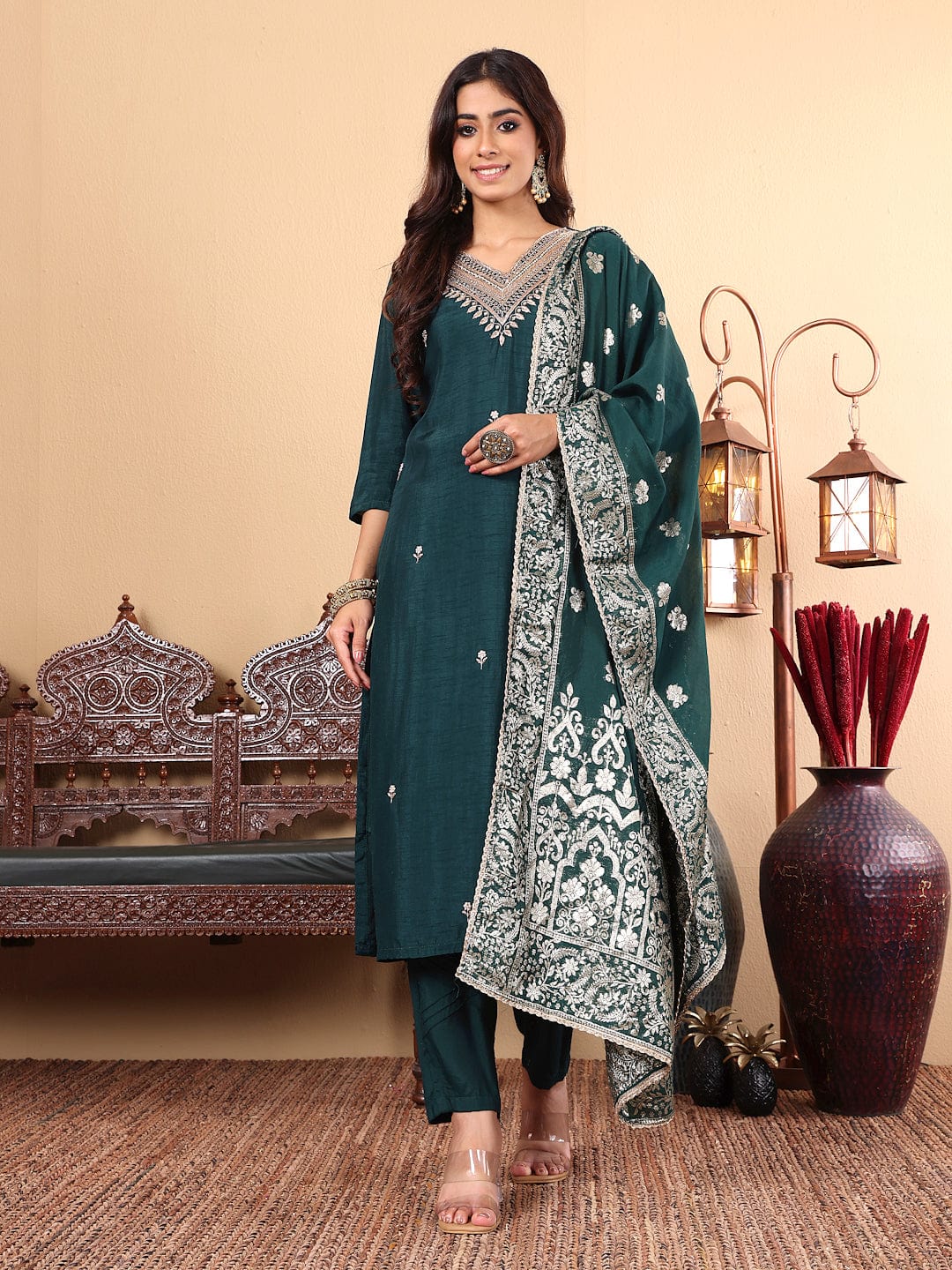The Kurti Collection Women Pure Silk Green Hand Embroidered Straight Kurta with Trousers and Dupatta