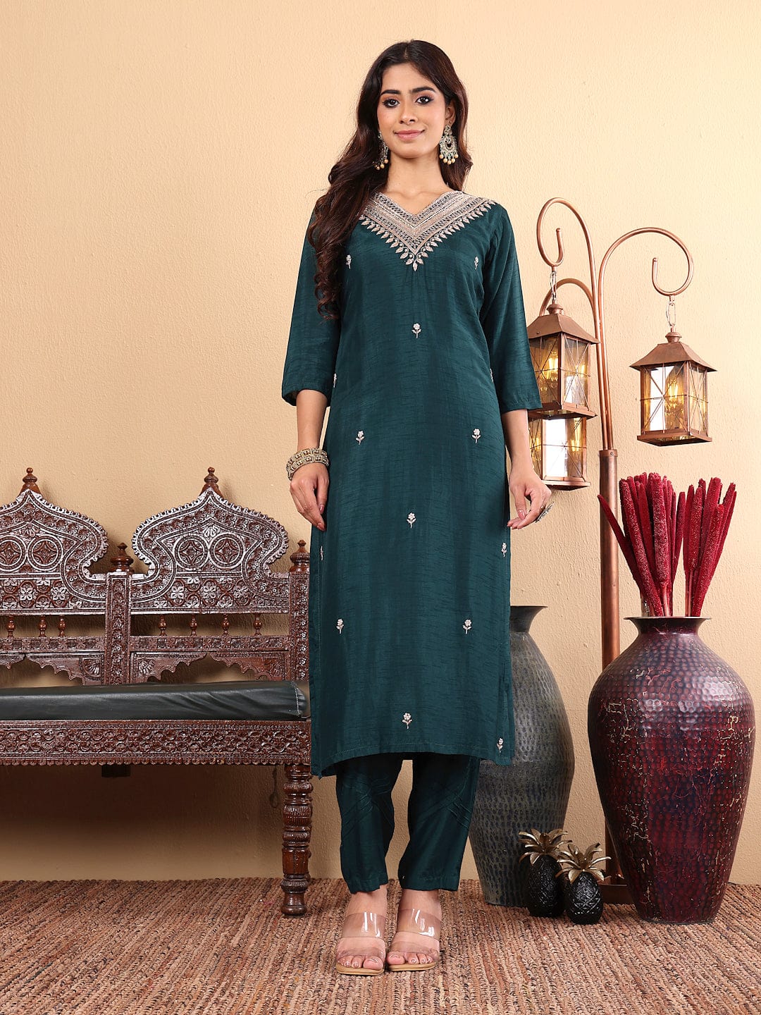 The Kurti Collection Women Pure Silk Green Hand Embroidered Straight Kurta with Trousers and Dupatta