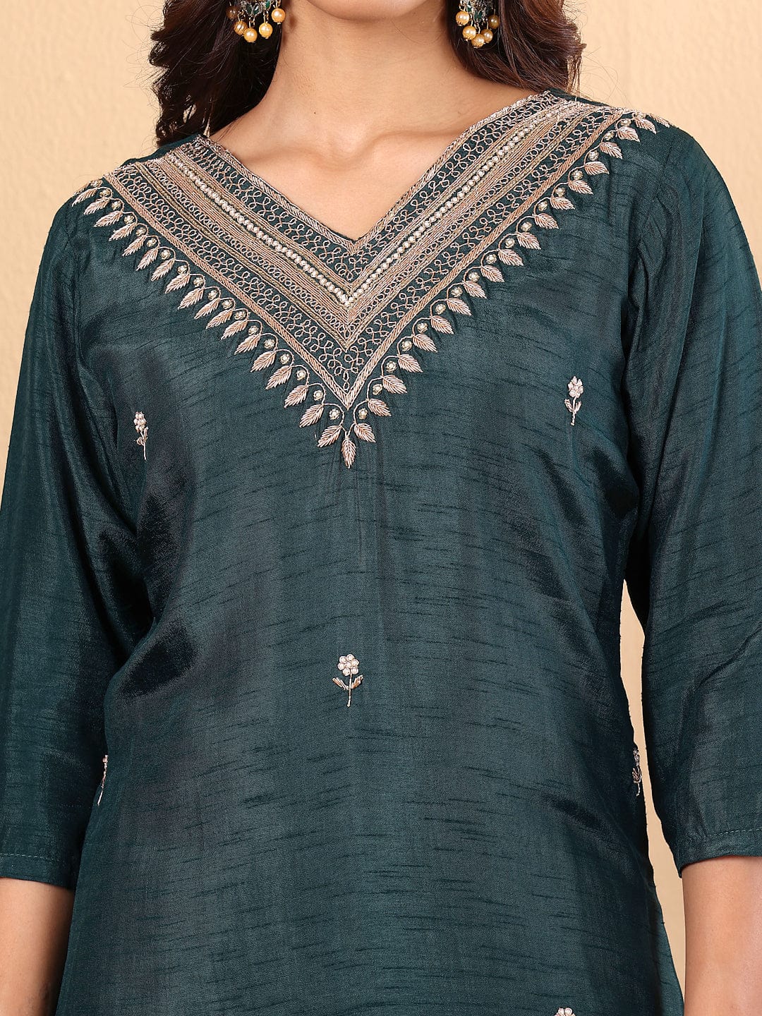 The Kurti Collection Women Pure Silk Green Hand Embroidered Straight Kurta with Trousers and Dupatta
