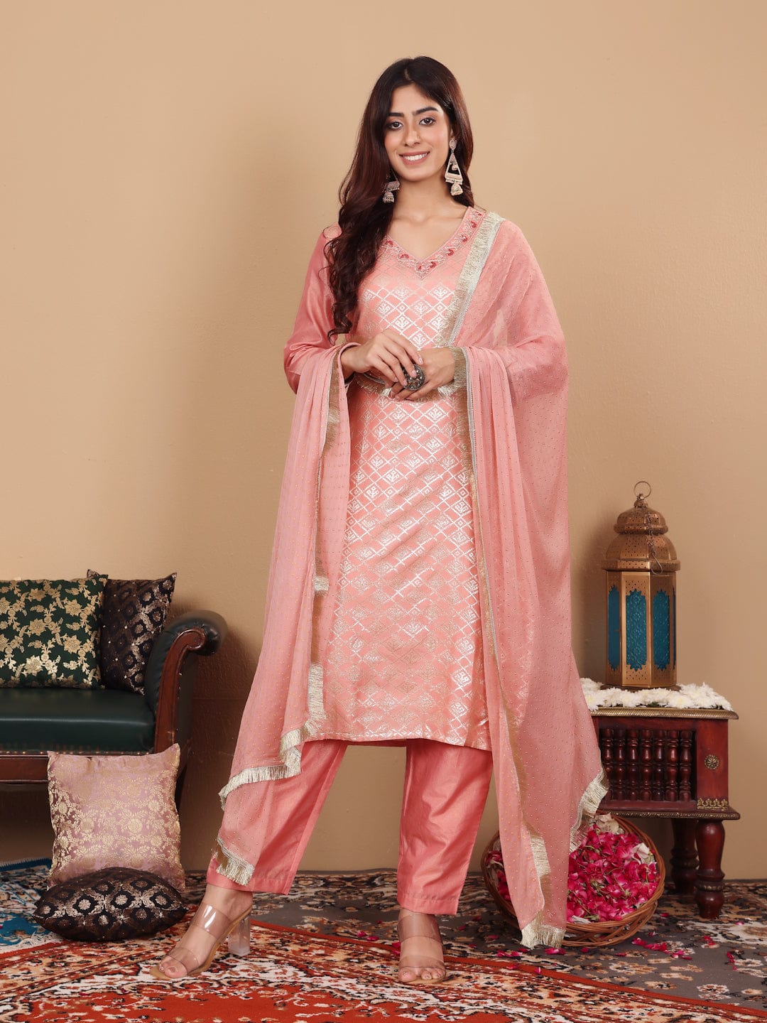 The Kurti Collection Women Peach Brocade Zari and Thread Embroidered Kurta with Trousers and Mukaish Dupatta