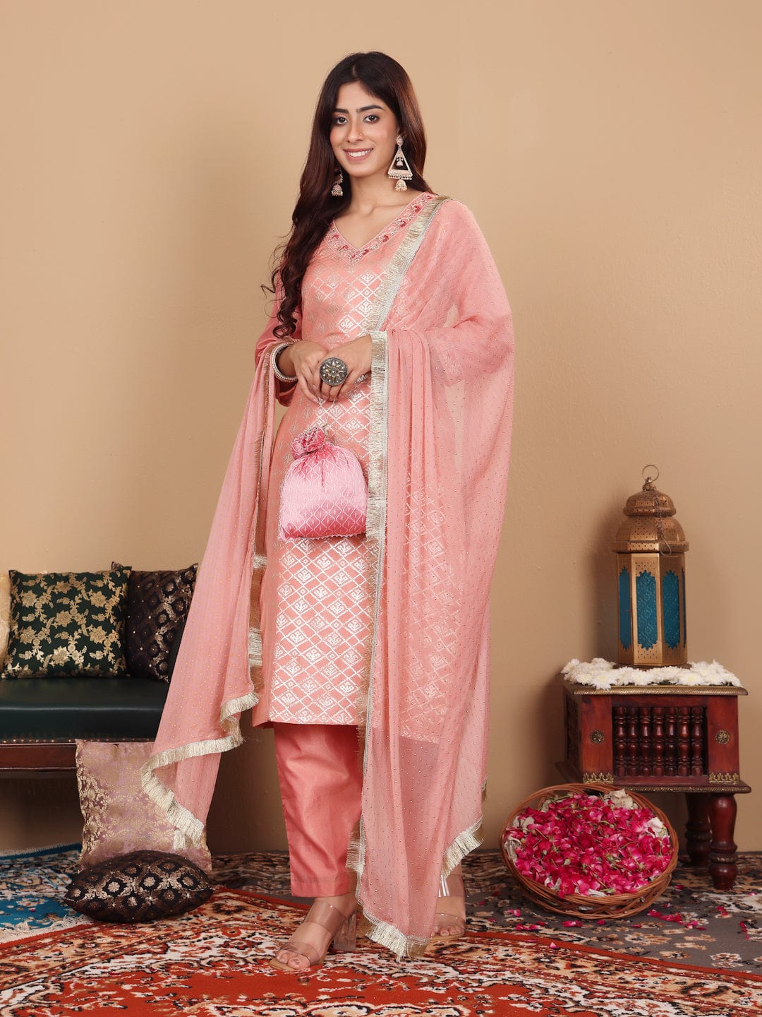 The Kurti Collection Women Peach Brocade Zari and Thread Embroidered Kurta with Trousers and Mukaish Dupatta