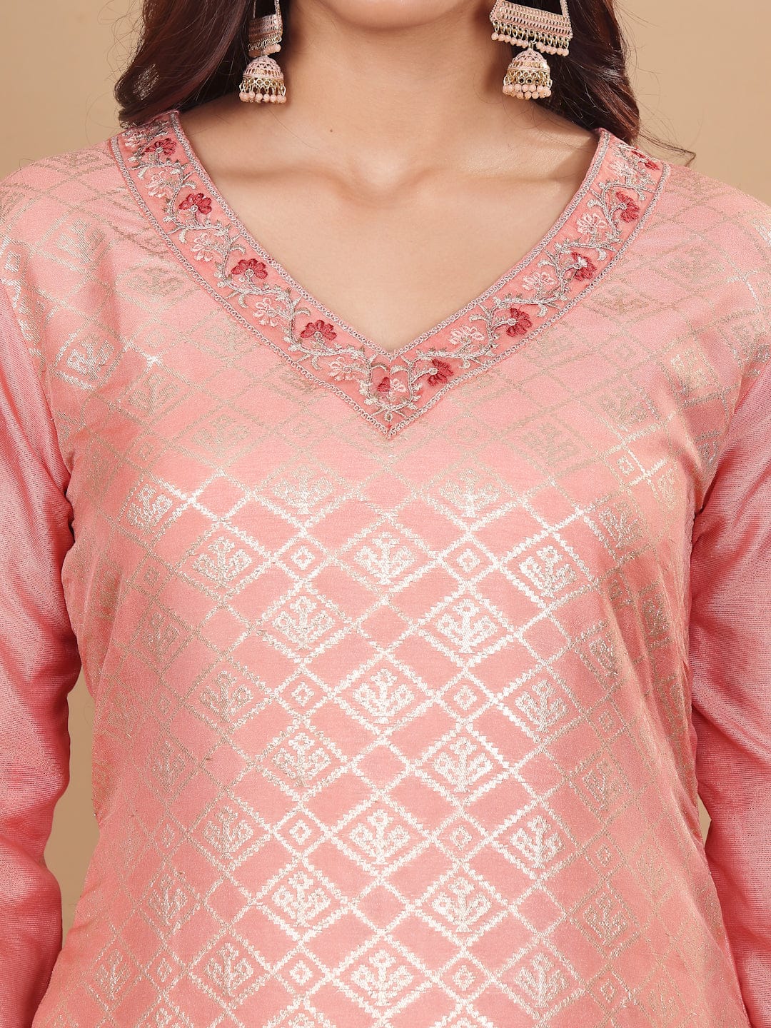 The Kurti Collection Women Peach Brocade Zari and Thread Embroidered Kurta with Trousers and Mukaish Dupatta