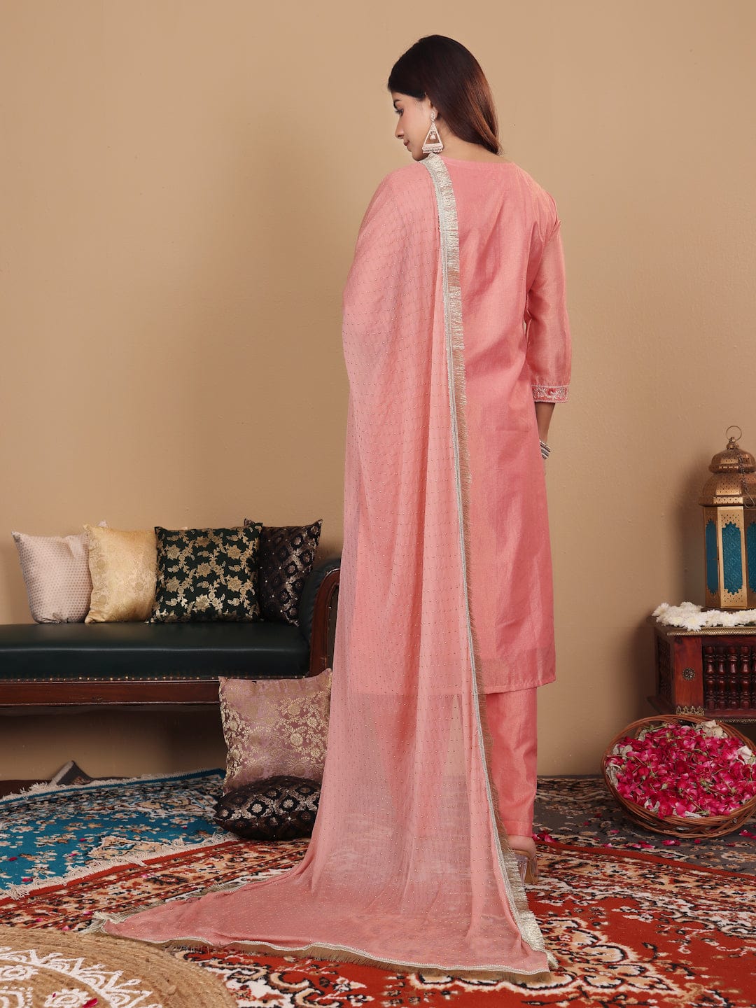 The Kurti Collection Women Peach Brocade Zari and Thread Embroidered Kurta with Trousers and Mukaish Dupatta