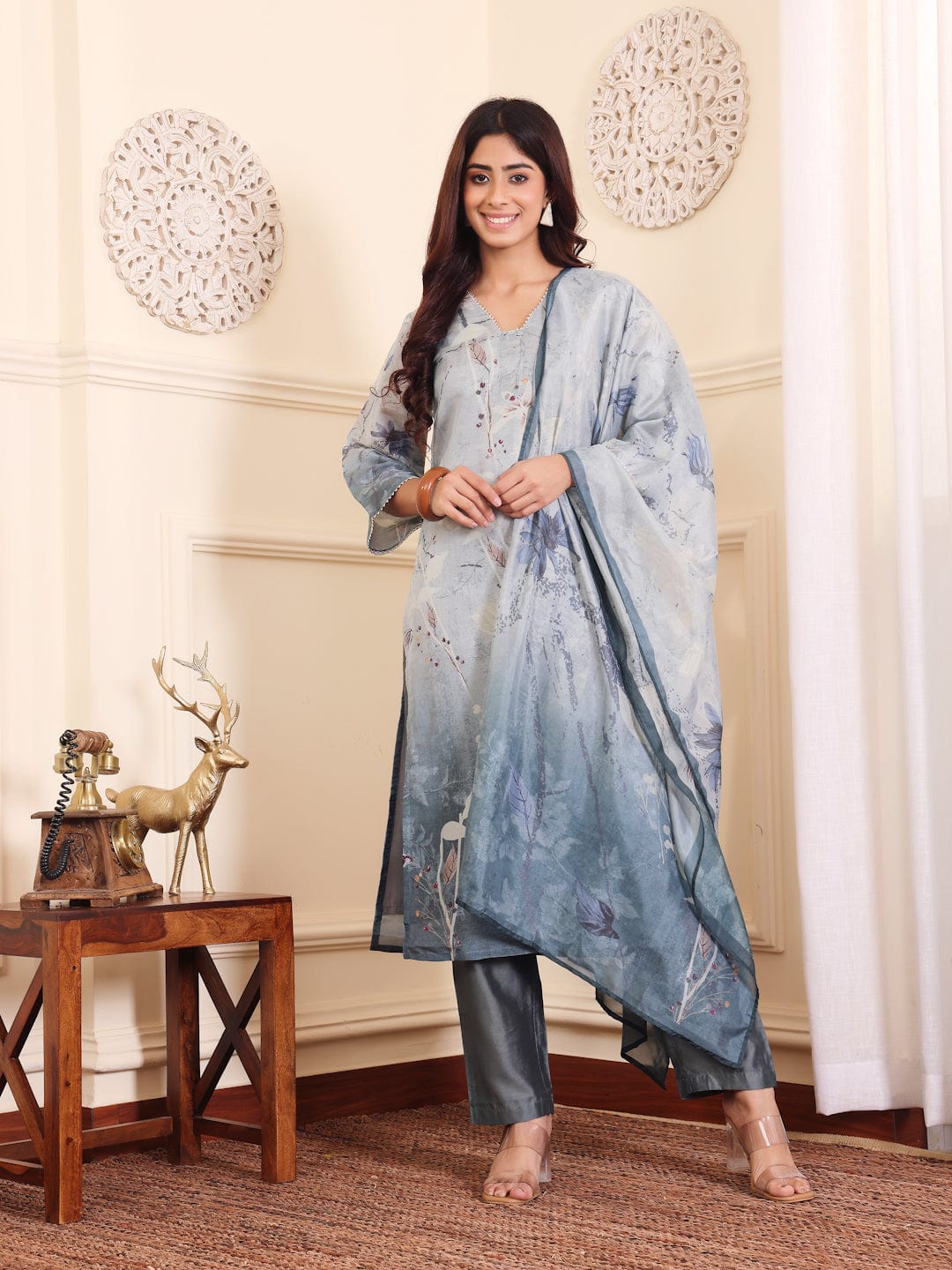 The Kurti Collection Women Grey Blue Floral Printed Straight Kurta With Trousers And Dupatta