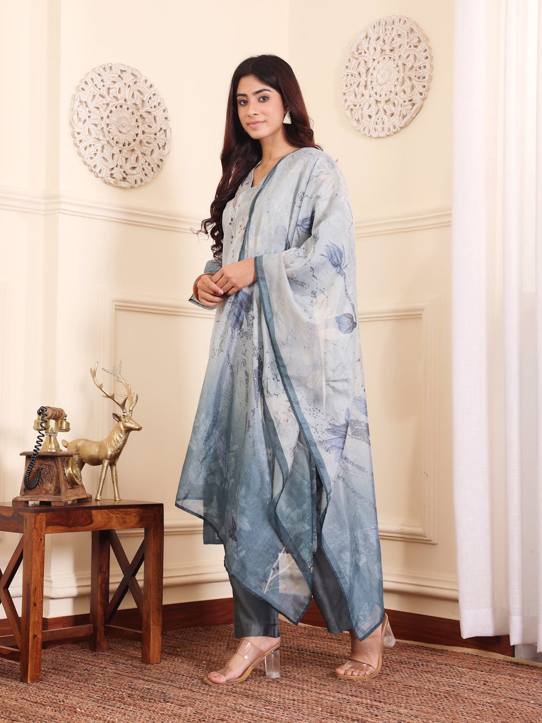 The Kurti Collection Women Grey Blue Floral Printed Straight Kurta With Trousers And Dupatta