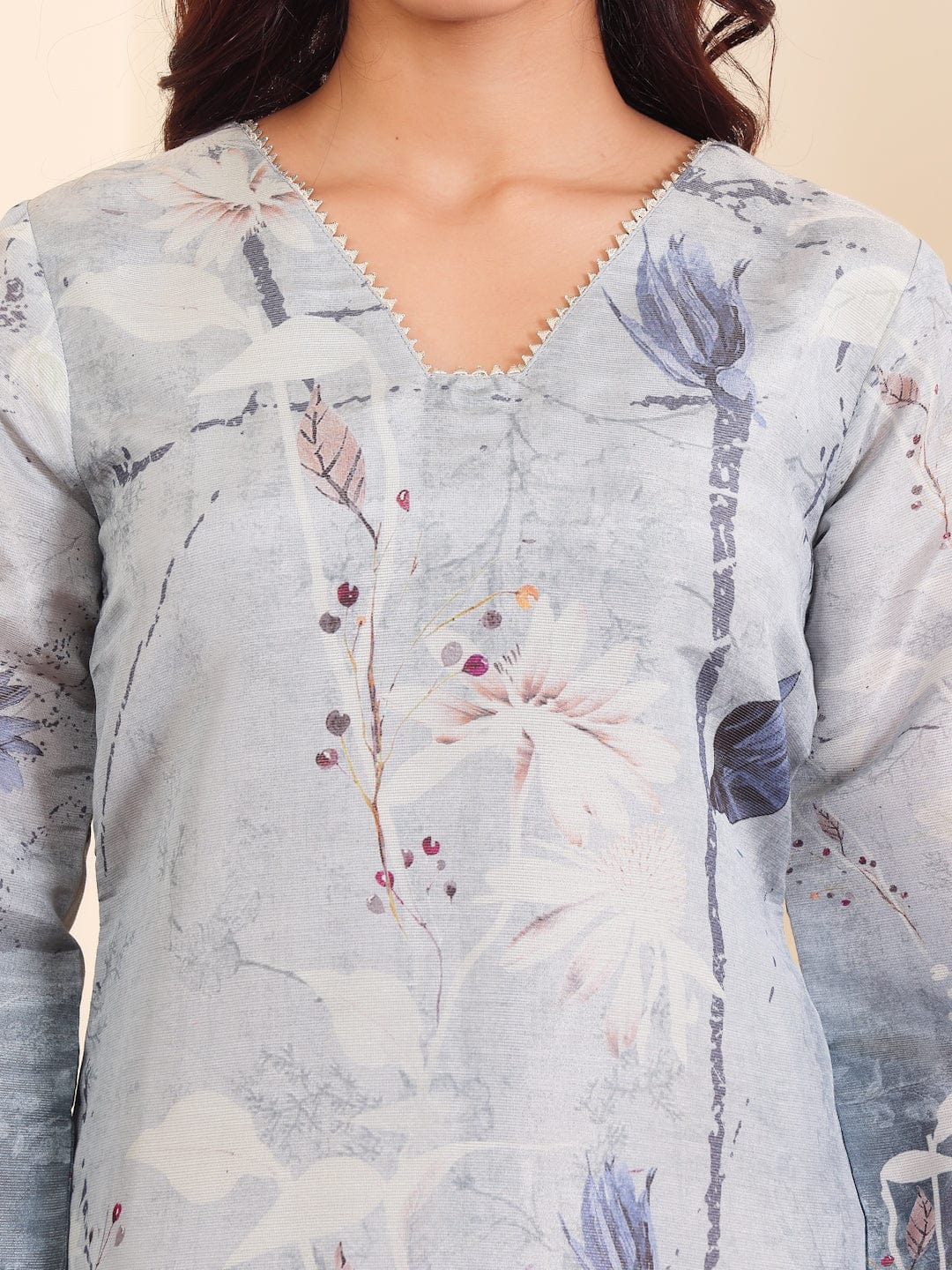 The Kurti Collection Women Grey Blue Floral Printed Straight Kurta With Trousers And Dupatta