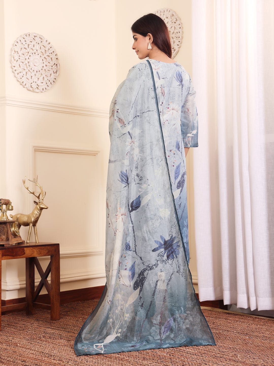 The Kurti Collection Women Grey Blue Floral Printed Straight Kurta With Trousers And Dupatta