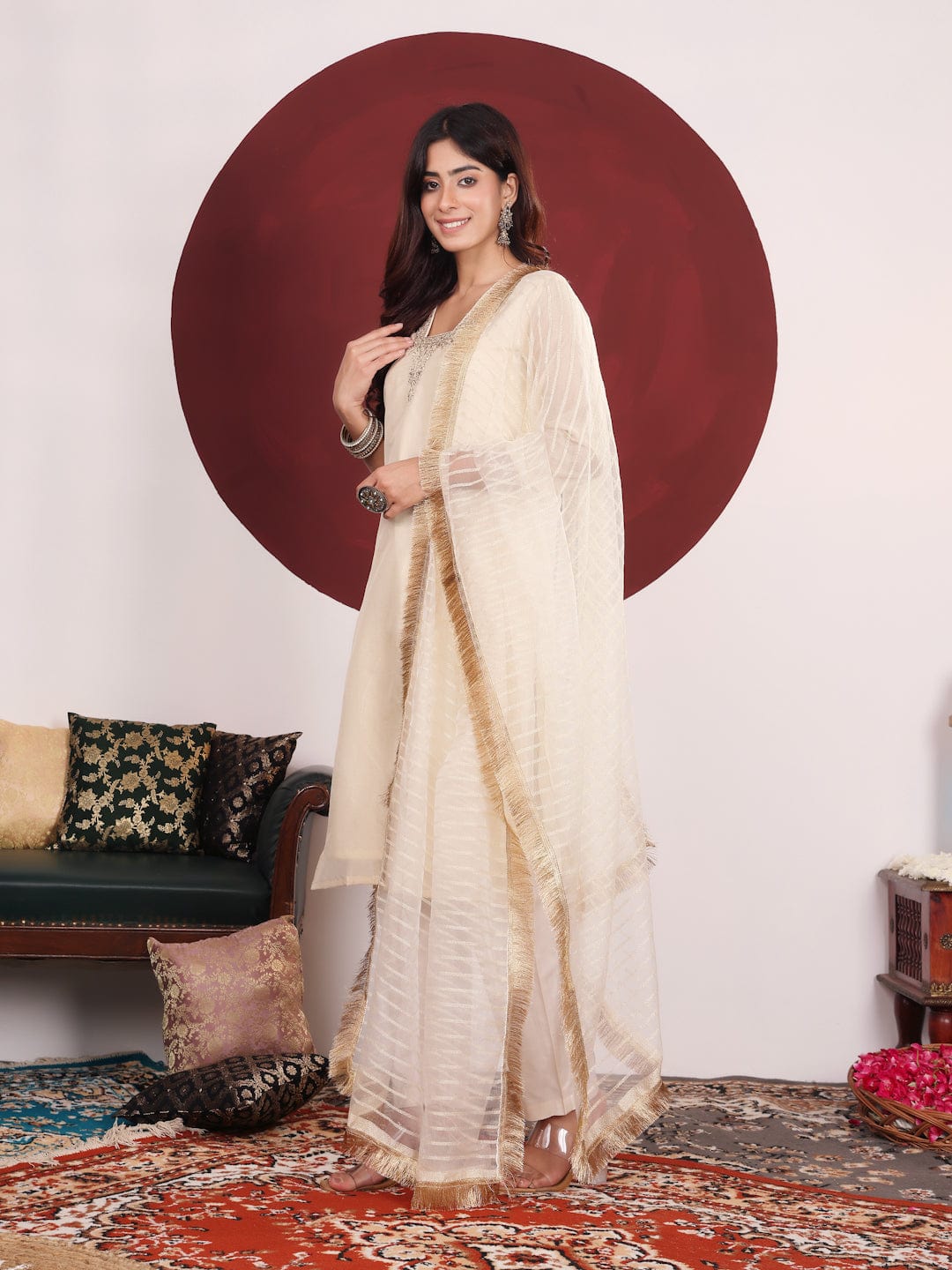The Kurti Collection Women Off White Zari Embroidered And Sequinned Kurta Set With Dupatta