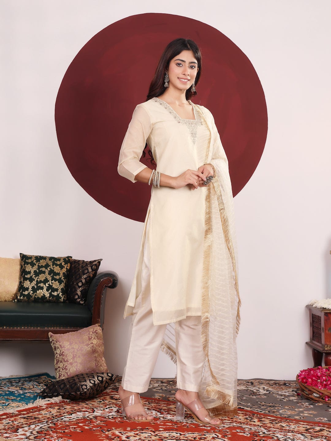 The Kurti Collection Women Off White Zari Embroidered And Sequinned Kurta Set With Dupatta